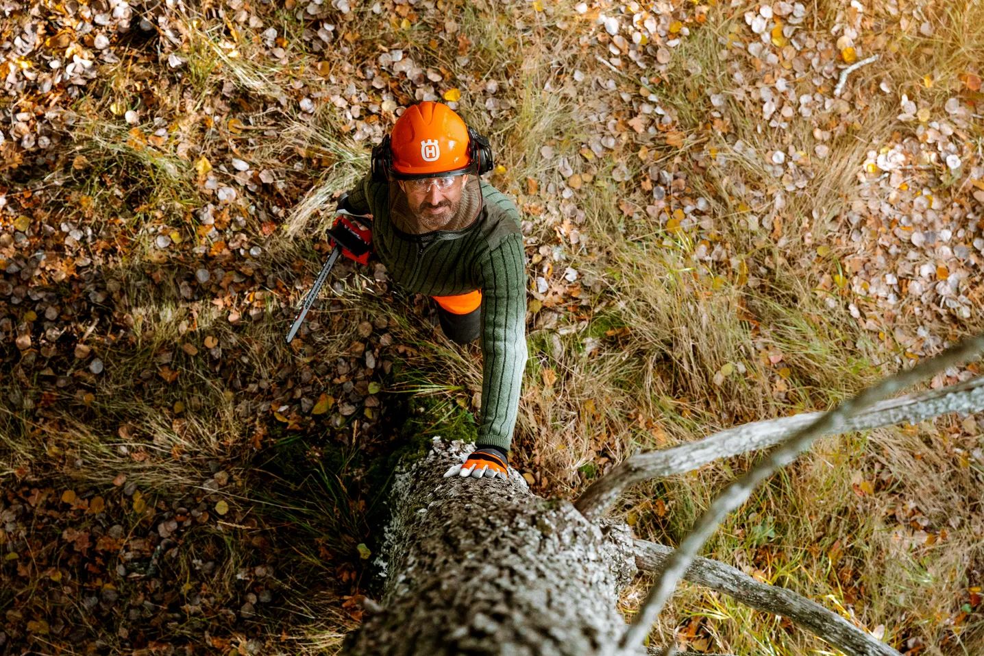 Husqvarna motorsag i bruk utendørs – kraftig og pålitelig sag for profesjonelt og privat bruk.