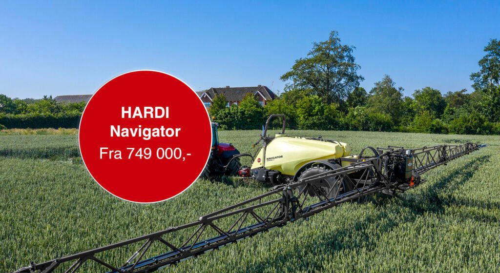 HARDI Navigator åkersprøyte med 21 meters bom og 3000 liters tank i arbeid på jordet, med fokus på stabil bomkontroll og moderne ISOBUS-betjening.