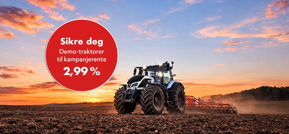 Valtra demo-traktor på jorde med tekst om rentekampanje på 2,99 % for N-, T- og Q-serie.