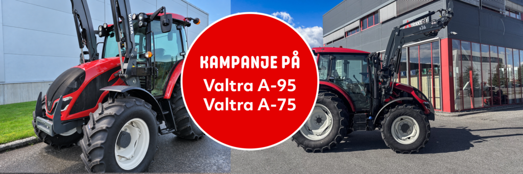 To røde Valtra-traktorer med frontlaster foran Akershus Traktor. Banner for kampanje på Valtra A75 og A95.